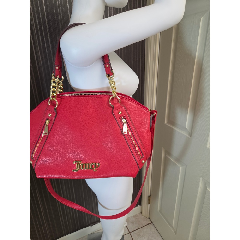 Juicy Couture Red Pebbled Faux Leather Satchel Crossbody Bag Gold Hardware - Picture 4 of 9
